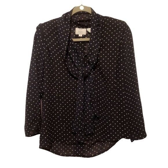 Petites by Demaro Womens Sz 8 Black White Polka Dot Long Sleeve Tie Blouse - Picture 1 of 9